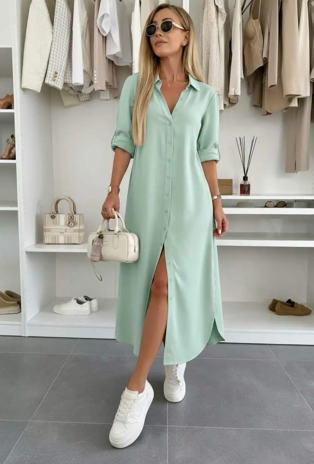 Mint Groene Midi Overhemdjurk