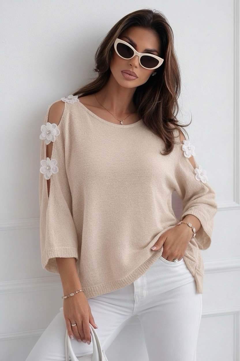 Top knit flower beige