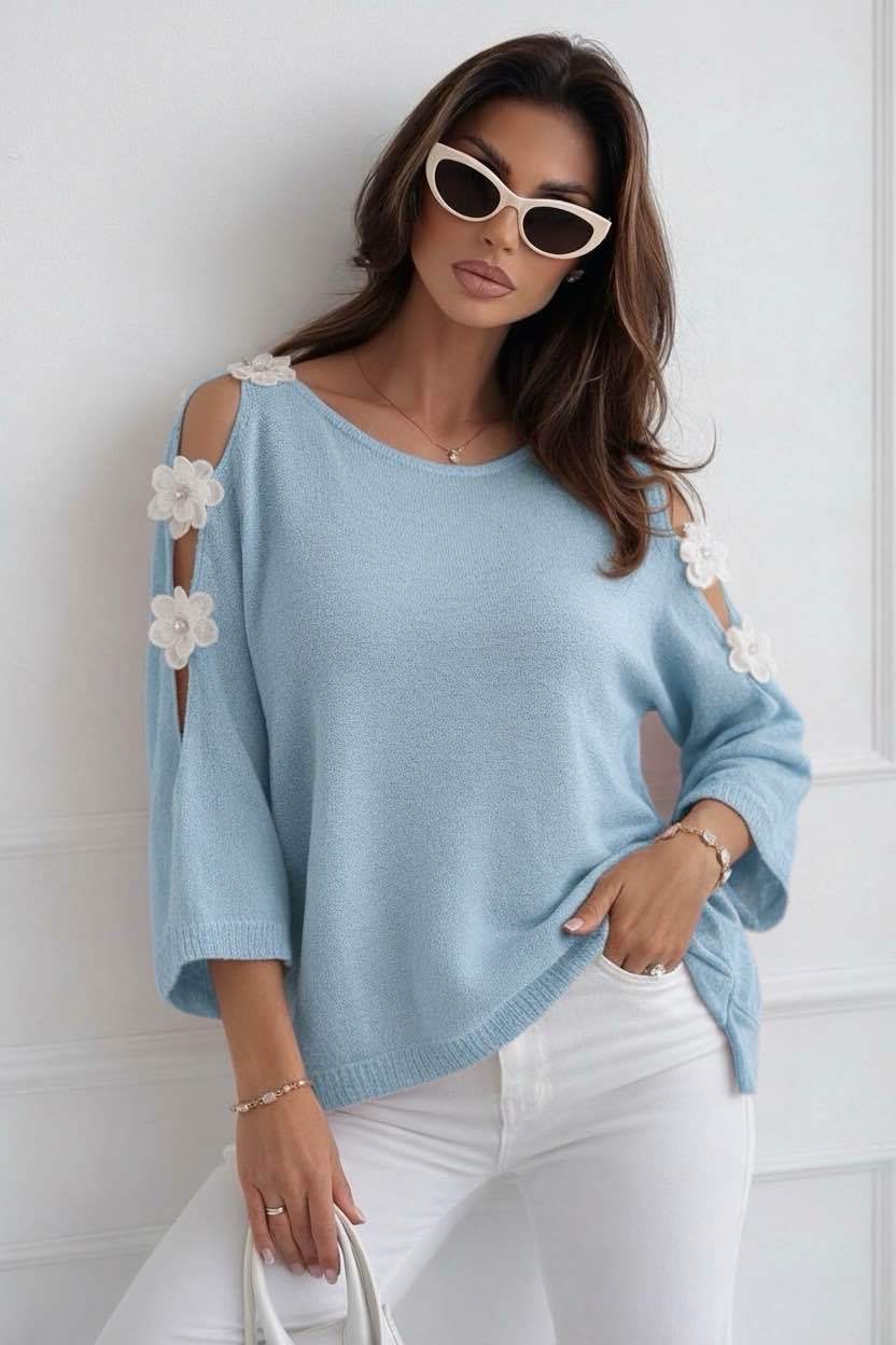 Top knit flower blauw