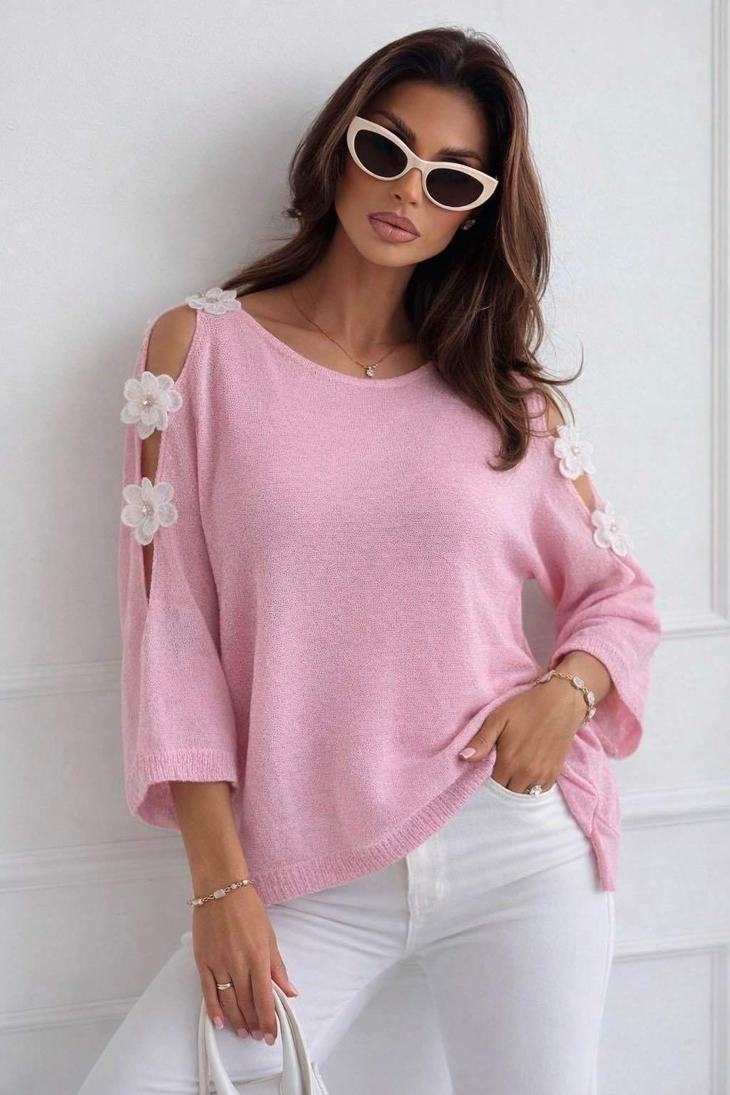 Top knit flower roze